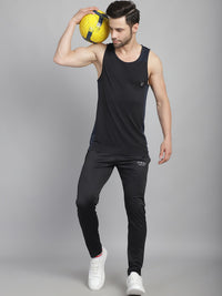 Mack Jonney Solid Black Round Neck Polyester Lycra Half sleeveless Gym Vest For Men