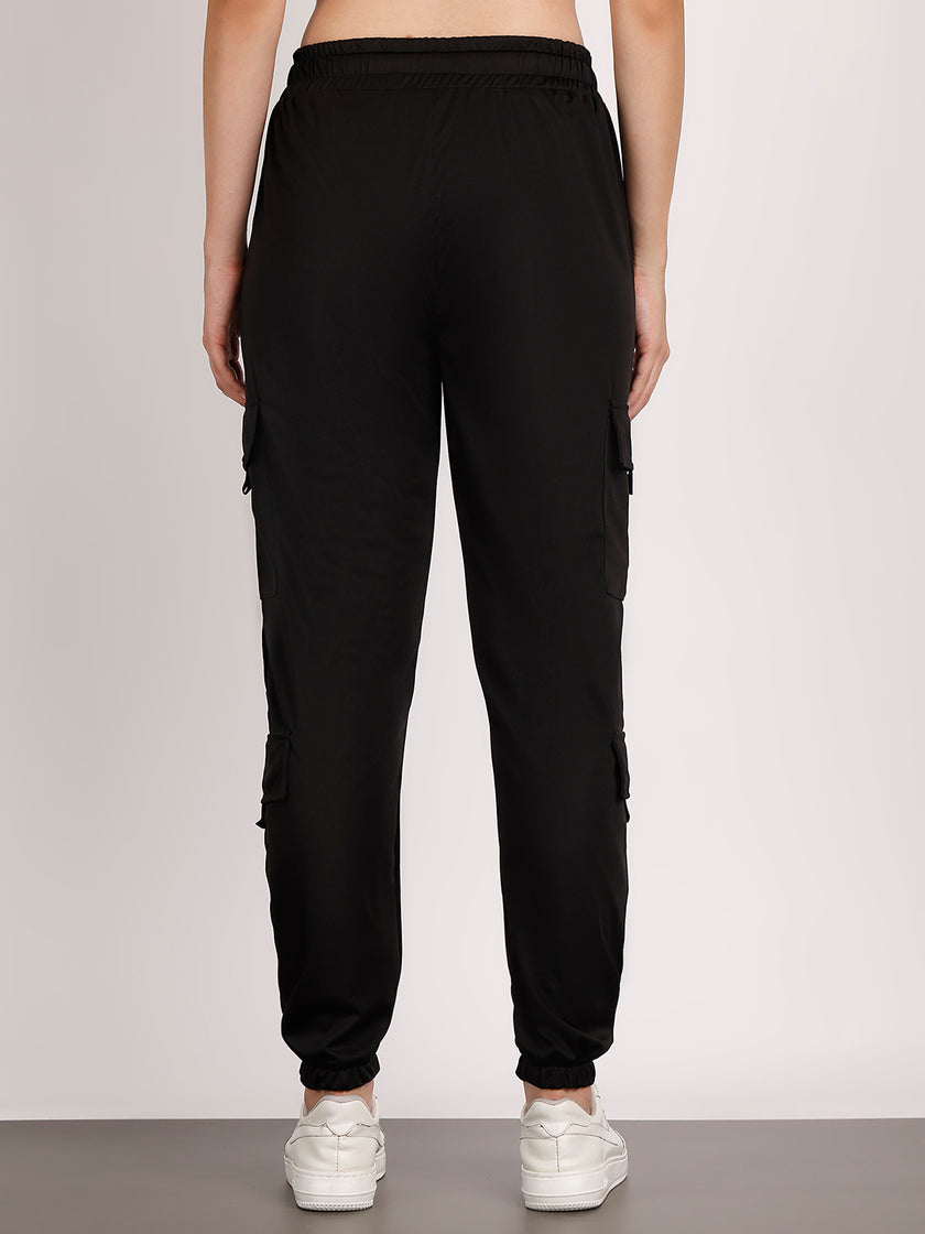 Mack Jonney Solid  | Black | Cargo Style | Polyster Lycra Trackpant For Women