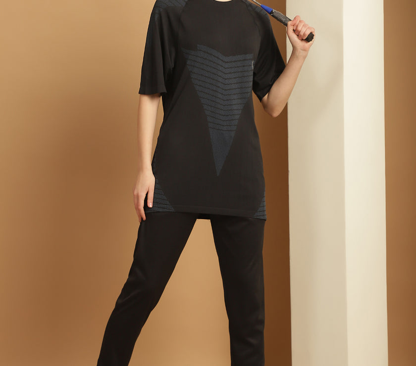 Mack Jonney Solid  Black  Polyester Lycra Half sleeves Co-ord Set Trackuit For Women