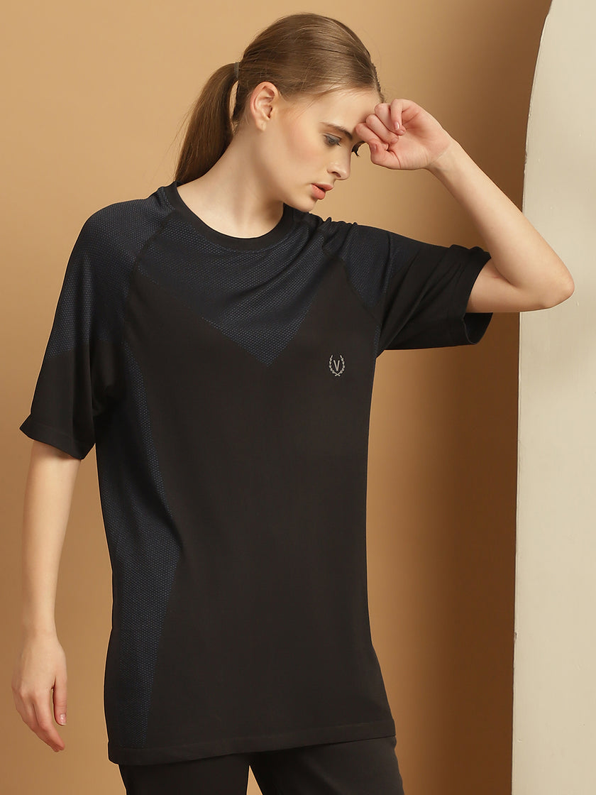 Mack Jonney Solid Black Round Neck Polyester Lycra Half sleeves Tshirt For Women