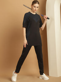 Mack Jonney Solid Black Round Neck Polyester Lycra Half sleeves Tshirt For Women