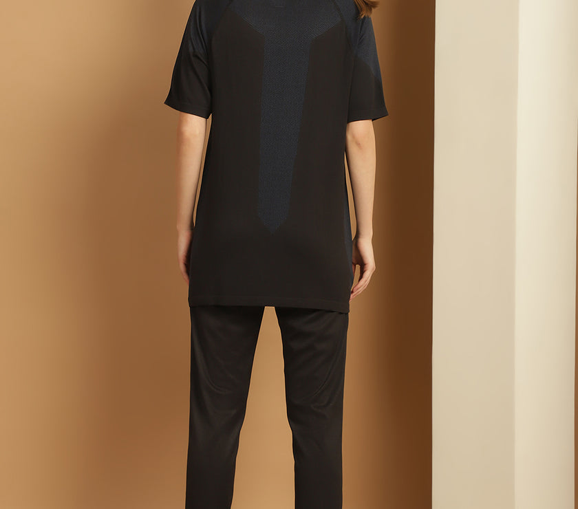 Mack Jonney Solid  Black  Polyester Lycra Half sleeves Co-ord Set Trackuit For Women