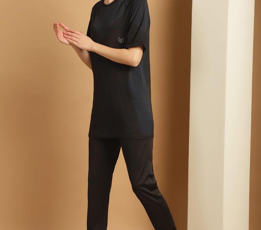 Mack Jonney Solid  Black  Polyester Lycra Half sleeves Co-ord Set Trackuit For Women