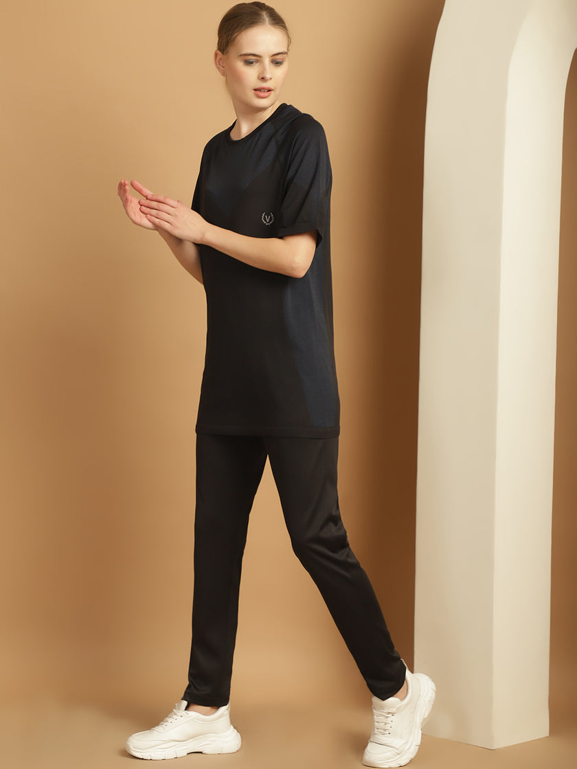 Mack Jonney Solid  Black  Polyester Lycra Half sleeves Co-ord Set Trackuit For Women