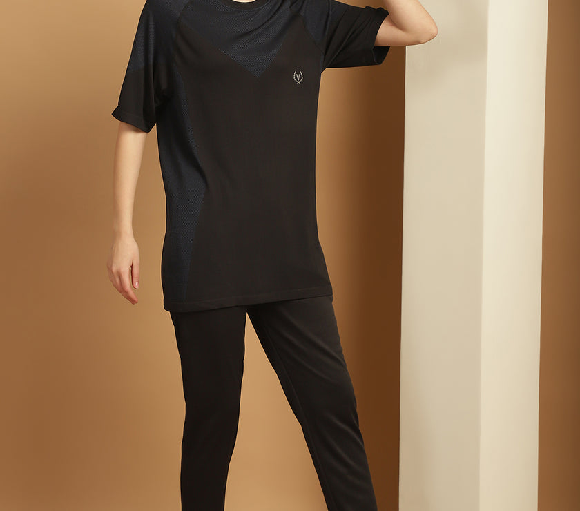 Mack Jonney Solid  Black  Polyester Lycra Half sleeves Co-ord Set Trackuit For Women