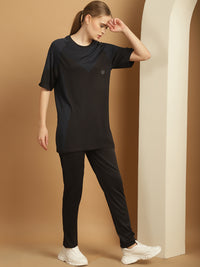Mack Jonney Solid  Black  Polyester Lycra Half sleeves Co-ord Set Trackuit For Women