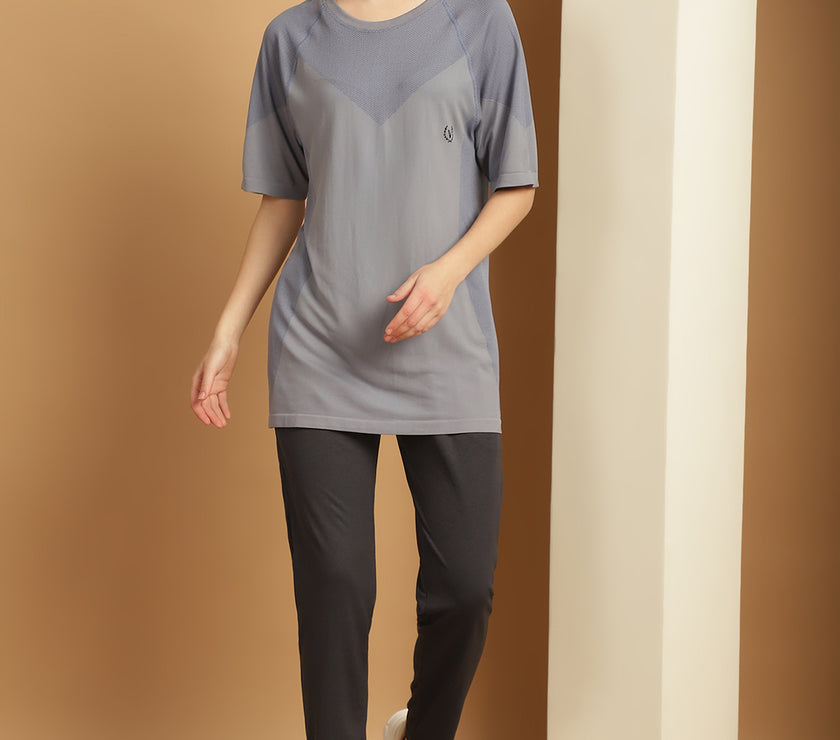 Mack Jonney Solid  Grey  Polyester Lycra Half sleeves Co-ord Set Trackuit For Women