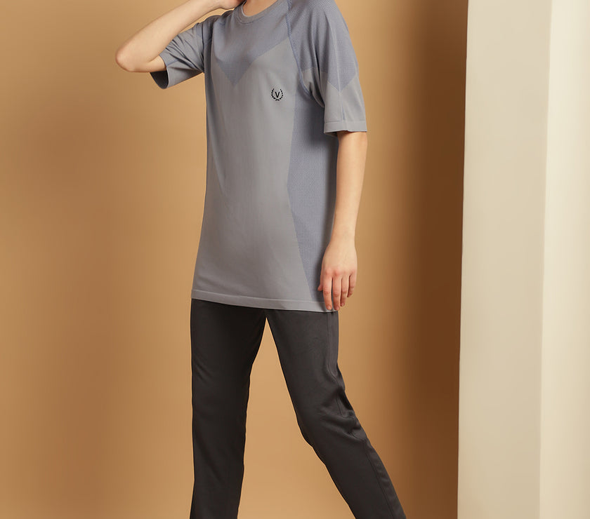 Mack Jonney Solid  Grey  Polyester Lycra Half sleeves Co-ord Set Trackuit For Women