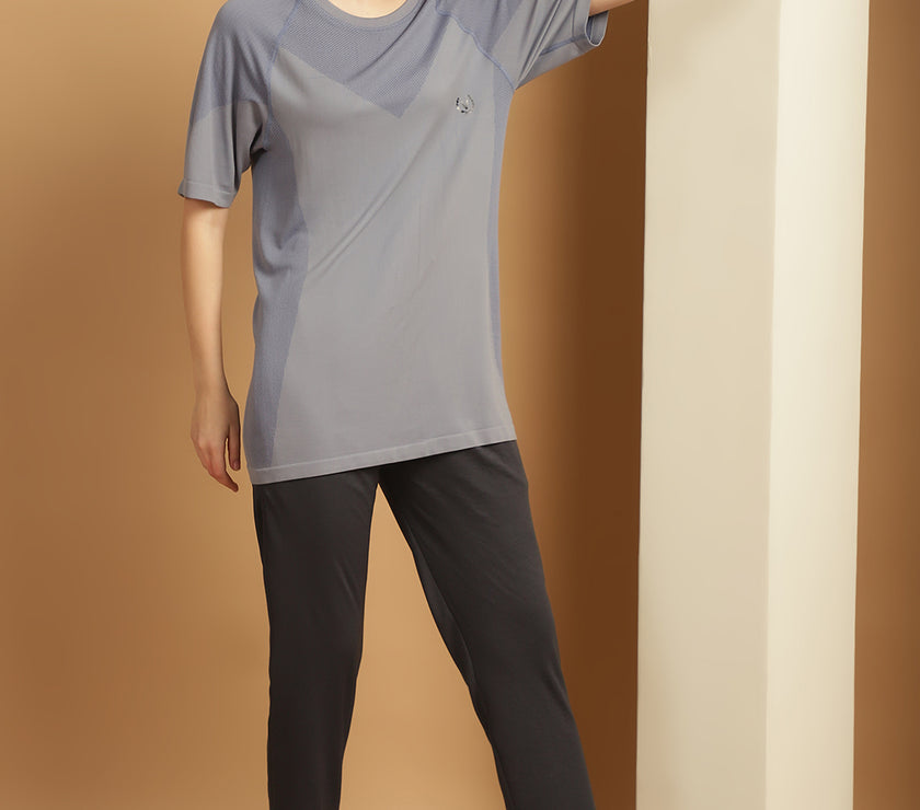 Mack Jonney Solid  Grey  Polyester Lycra Half sleeves Co-ord Set Trackuit For Women
