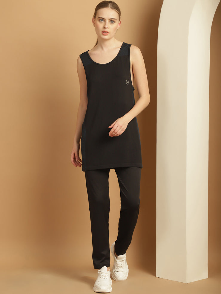 Mack Jonney Solid  Black  Polyester Lycra Half sleeves Co-ord Set Trackuit For Women