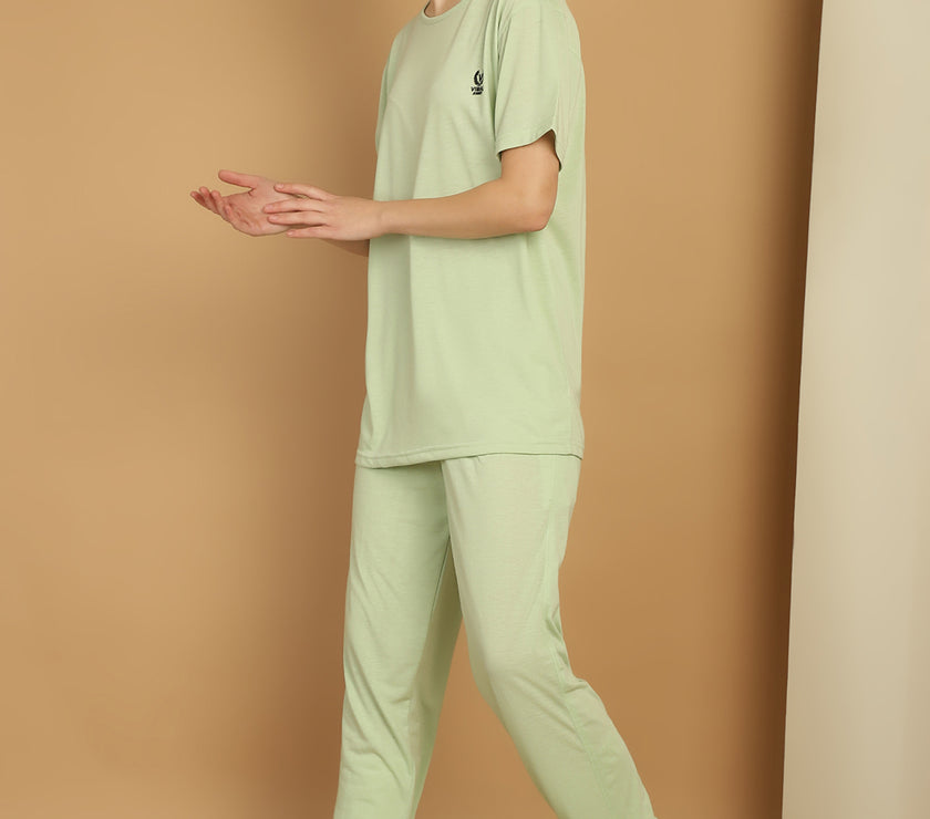 Mack Jonney Light Green Cotton Solid Co-ord Set Tracksuit For Women