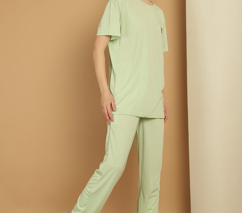 Mack Jonney Light Green Cotton Solid Co-ord Set Tracksuit For Women