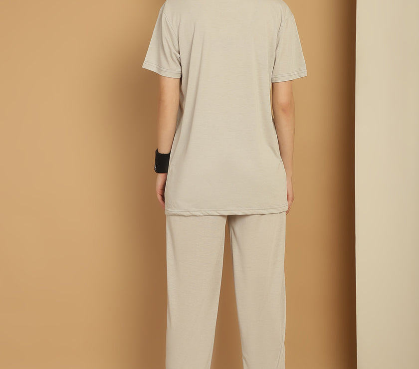 Mack Jonney Light Grey Cotton Solid Co-ord Set Tracksuit For Women