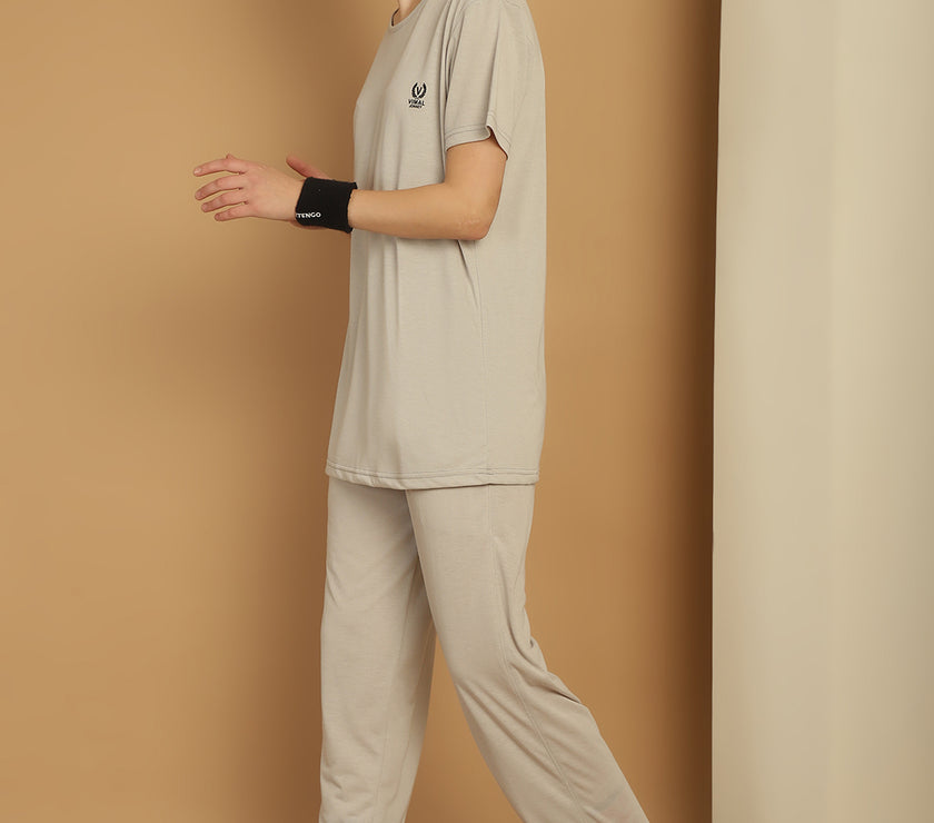 Mack Jonney Light Grey Cotton Solid Co-ord Set Tracksuit For Women