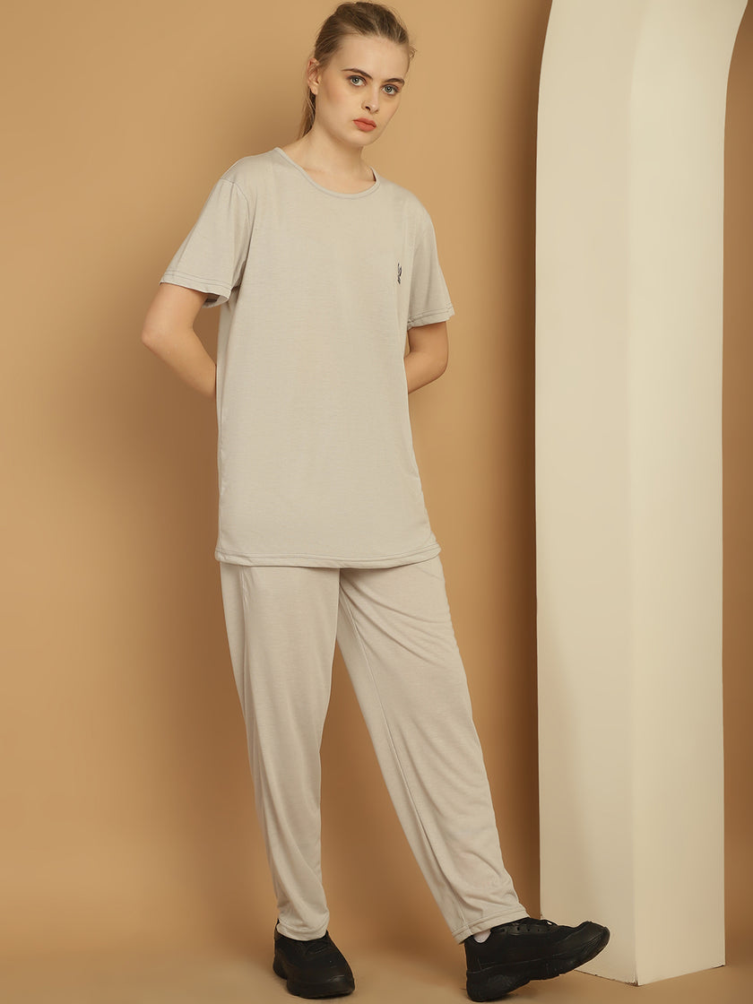 Mack Jonney Light Grey Cotton Solid Co-ord Set Tracksuit For Women