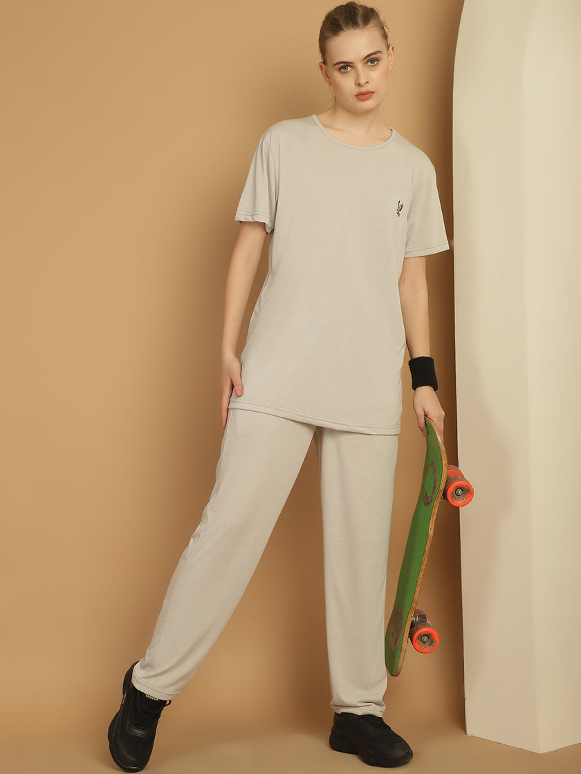 Mack Jonney Light Grey Cotton Solid Co-ord Set Tracksuit For Women