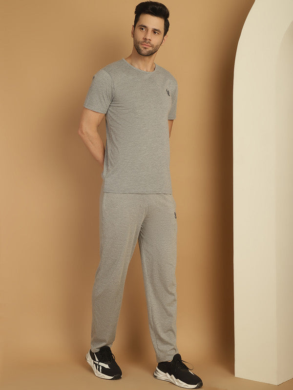 Mack Jonney Grey Melange Cotton Solid Co-ord Set Tracksuit For Men(Zip On 1 Side Pocket)