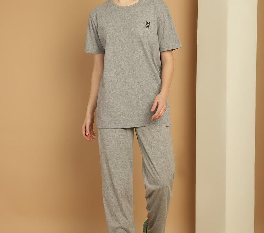 Mack Jonney Grey Melange Cotton Solid Co-ord Set Tracksuit For Women