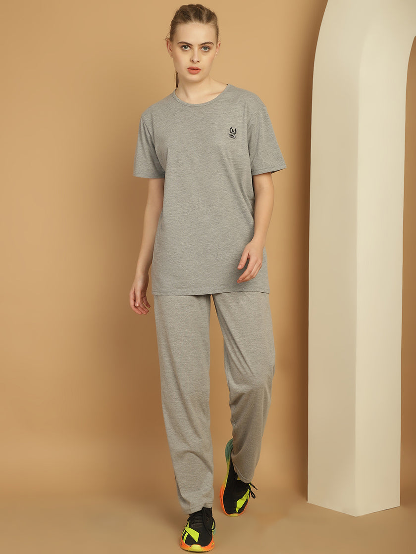 Mack Jonney Grey Melange Cotton Solid Co-ord Set Tracksuit For Women