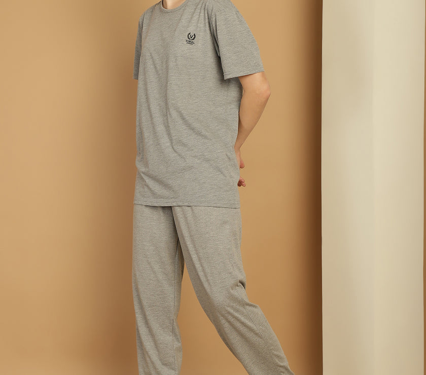 Mack Jonney Grey Melange Cotton Solid Co-ord Set Tracksuit For Women