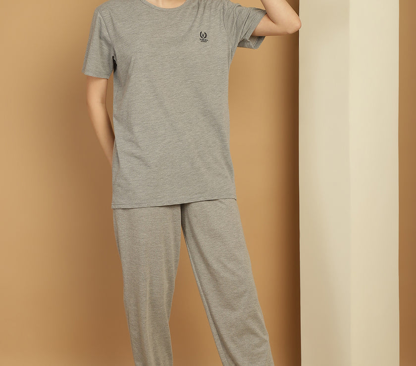 Mack Jonney Grey Melange Cotton Solid Co-ord Set Tracksuit For Women