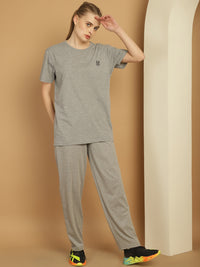 Mack Jonney Grey Melange Cotton Solid Co-ord Set Tracksuit For Women