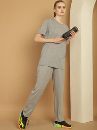 Mack Jonney Grey Melange Cotton Solid Co-ord Set Tracksuit For Women