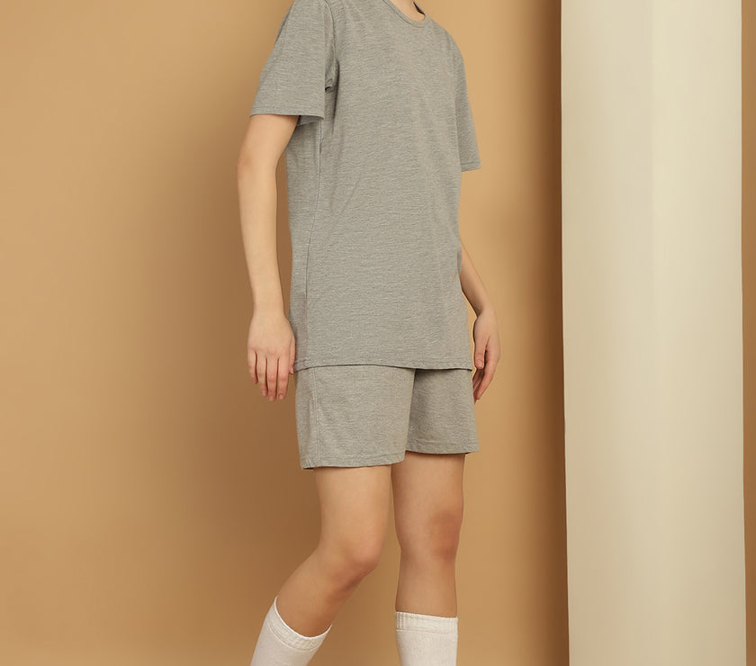 Mack Jonney Grey Melange Cotton Solid Co-ord Set Tracksuit For Women