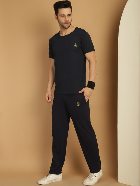 Mack Jonney Navy Blue Cotton Solid Co-ord Set Tracksuit For Men(Zip On 1 Side Pocket)