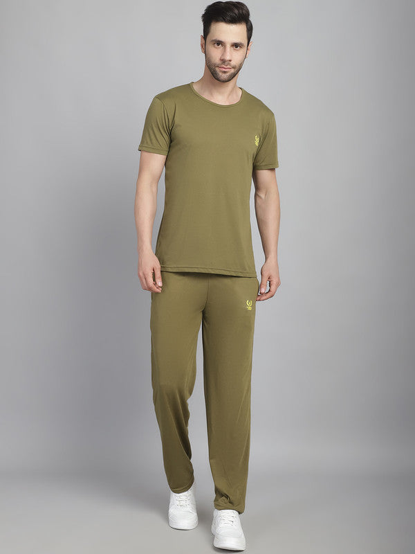 Mack Jonney Olive Cotton Solid Co-ord Set Tracksuit For Men(Zip On 1 Side Pocket)