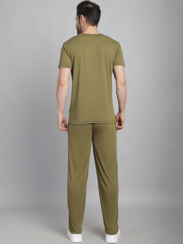 Mack Jonney Olive Cotton Solid Co-ord Set Tracksuit For Men(Zip On 1 Side Pocket)