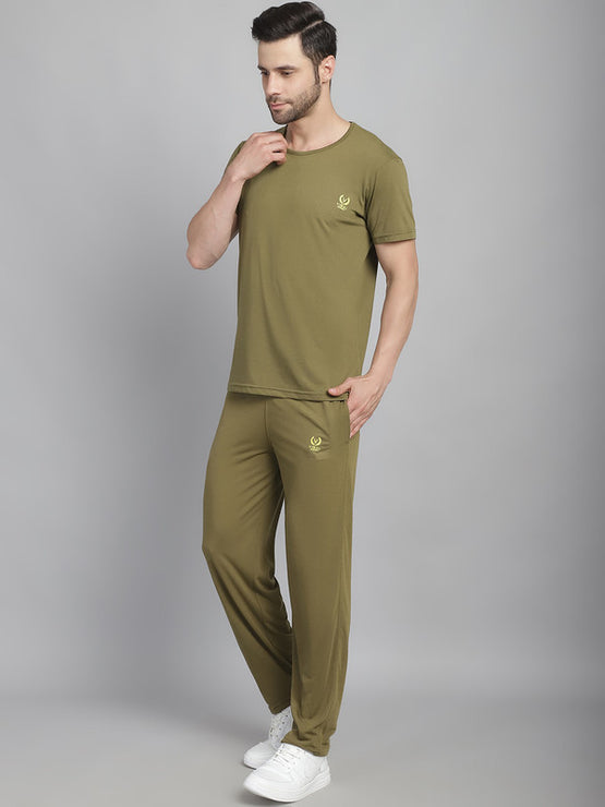 Mack Jonney Olive Cotton Solid Co-ord Set Tracksuit For Men(Zip On 1 Side Pocket)