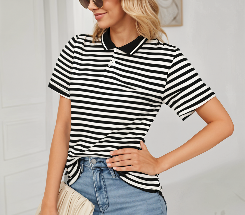 Mack Jonney Women's Striped Cotton Rich Polo T Shirt | Collar Tshirts | Half Sleeves | Stripe-Regular Fit