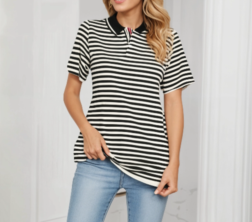 Mack Jonney Women's Striped Cotton Rich Polo T Shirt | Collar Tshirts | Half Sleeves | Stripe-Regular Fit