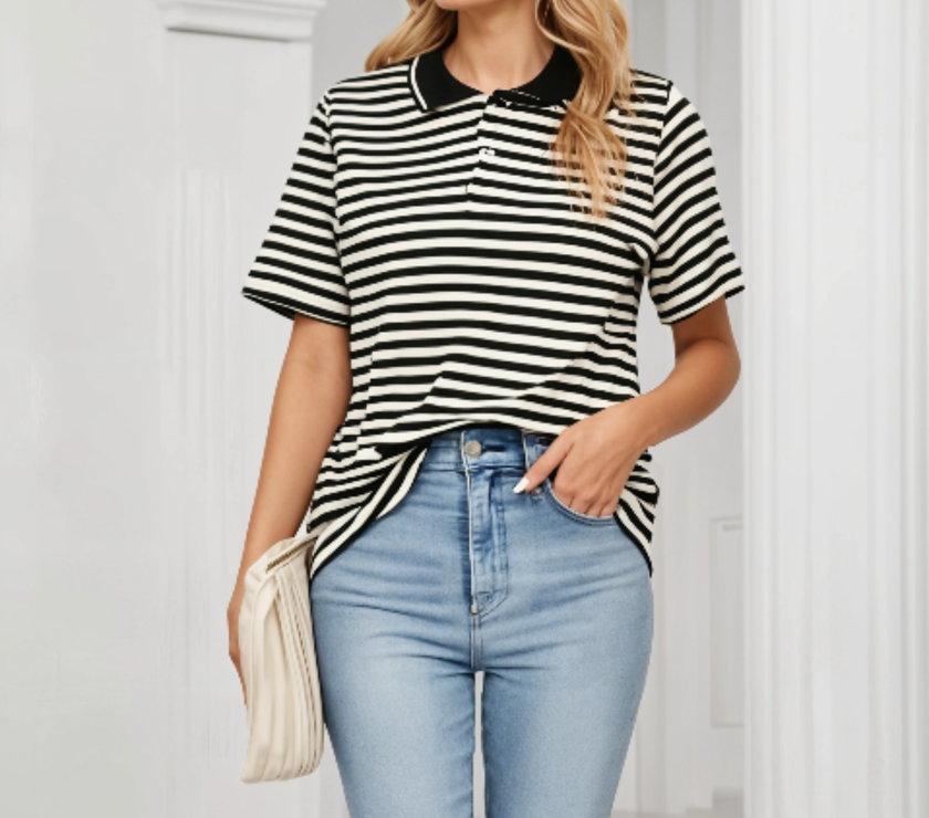 Mack Jonney Women's Striped Cotton Rich Polo T Shirt | Collar Tshirts | Half Sleeves | Stripe-Regular Fit