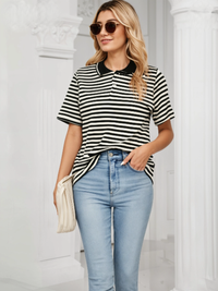 Mack Jonney Women's Striped Cotton Rich Polo T Shirt | Collar Tshirts | Half Sleeves | Stripe-Regular Fit