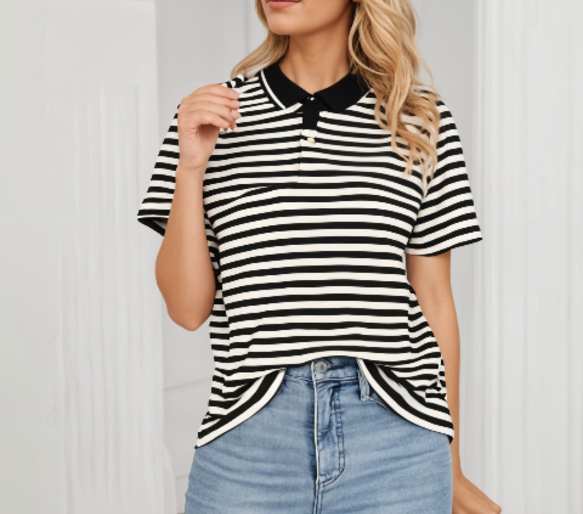 Mack Jonney Women's Striped Cotton Rich Polo T Shirt | Collar Tshirts | Half Sleeves | Stripe-Regular Fit