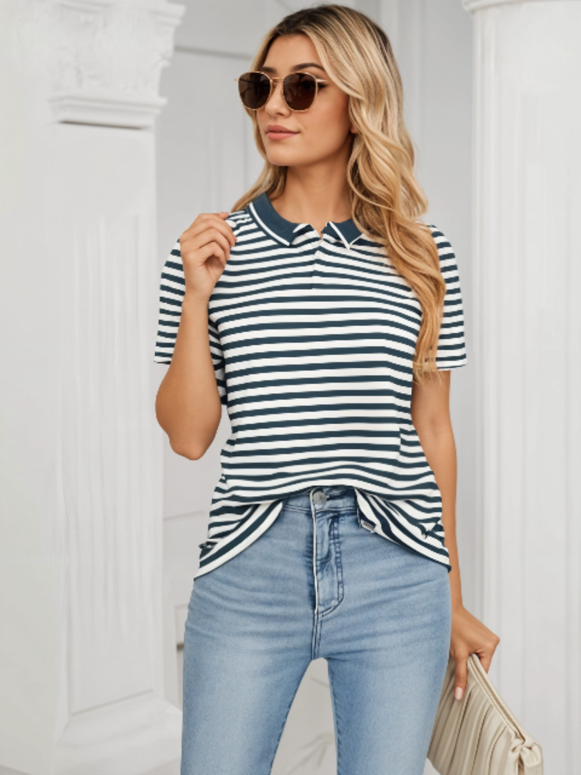 Mack Jonney Women's Striped Cotton Rich Polo T Shirt | Collar Tshirts | Half Sleeves | Stripe-Regular Fit