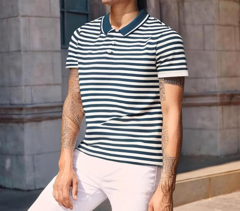 Mack Jonney Men's Striped Cotton Rich Polo T Shirt | Collar Tshirts | Half Sleeves | Stripe-Regular Fit