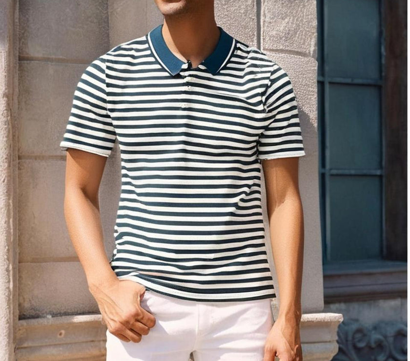Mack Jonney Men's Striped Cotton Rich Polo T Shirt | Collar Tshirts | Half Sleeves | Stripe-Regular Fit