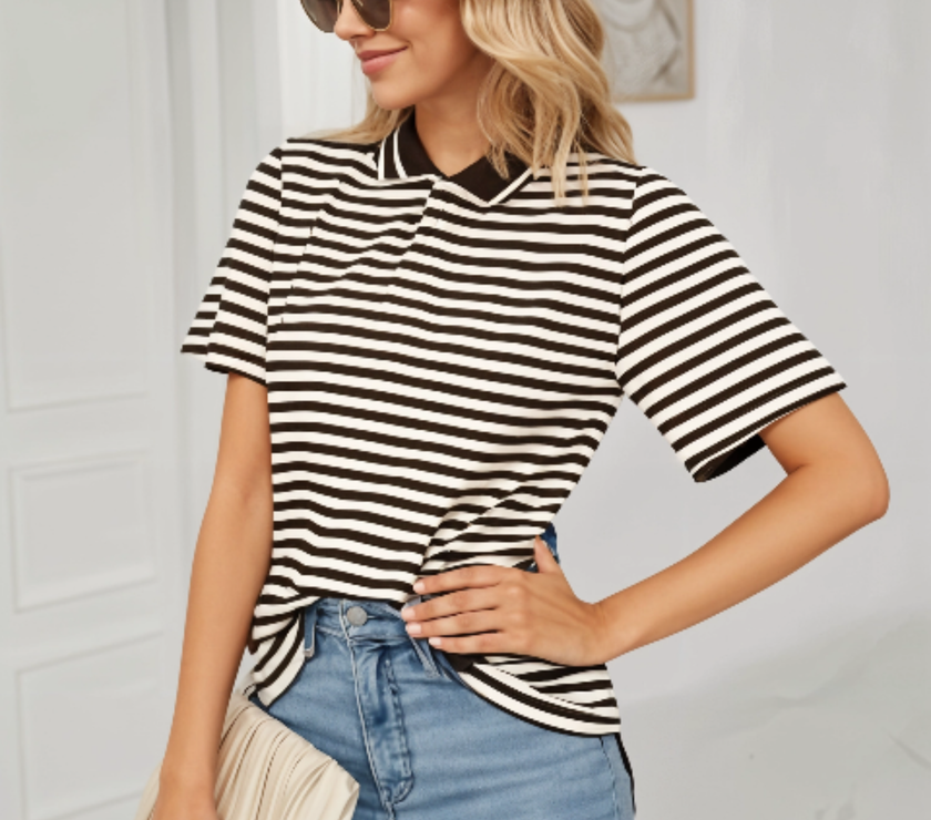 Mack Jonney Women's Striped Cotton Rich Polo T Shirt | Collar Tshirts | Half Sleeves | Stripe-Regular Fit