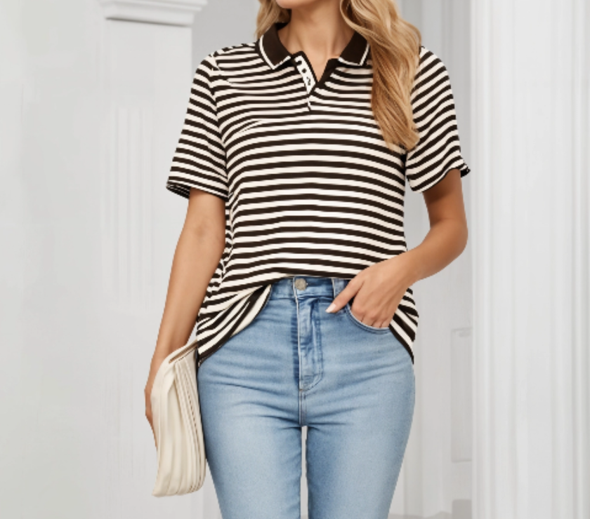 Mack Jonney Women's Striped Cotton Rich Polo T Shirt | Collar Tshirts | Half Sleeves | Stripe-Regular Fit