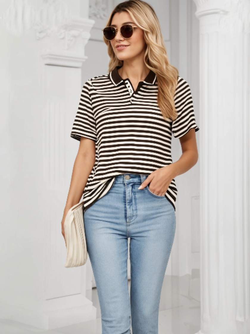 Mack Jonney Women's Striped Cotton Rich Polo T Shirt | Collar Tshirts | Half Sleeves | Stripe-Regular Fit