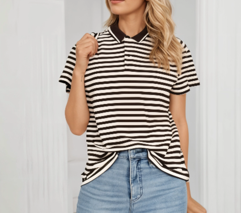 Mack Jonney Women's Striped Cotton Rich Polo T Shirt | Collar Tshirts | Half Sleeves | Stripe-Regular Fit