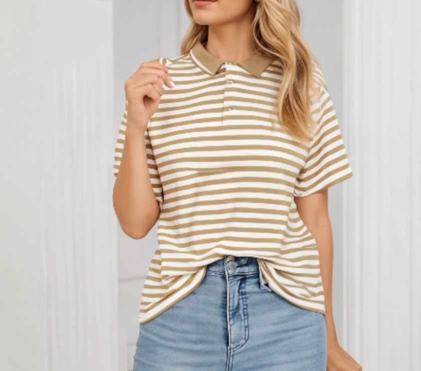 Mack Jonney Women's Striped Cotton Rich Polo T Shirt | Collar Tshirts | Half Sleeves | Stripe-Regular Fit