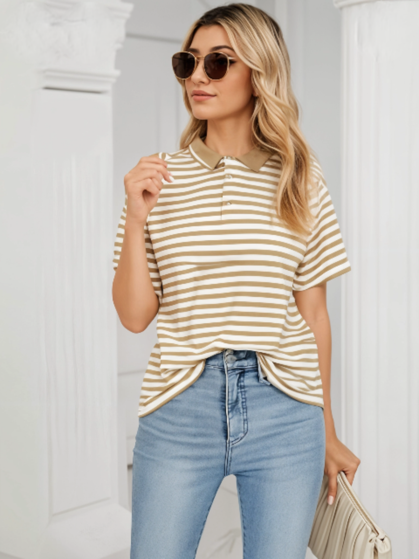 Mack Jonney Women's Striped Cotton Rich Polo T Shirt | Collar Tshirts | Half Sleeves | Stripe-Regular Fit