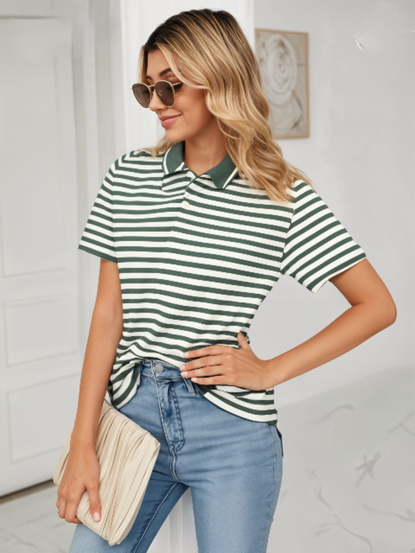 Mack Jonney Women's Striped Cotton Rich Polo T Shirt | Collar Tshirts | Half Sleeves | Stripe-Regular Fit