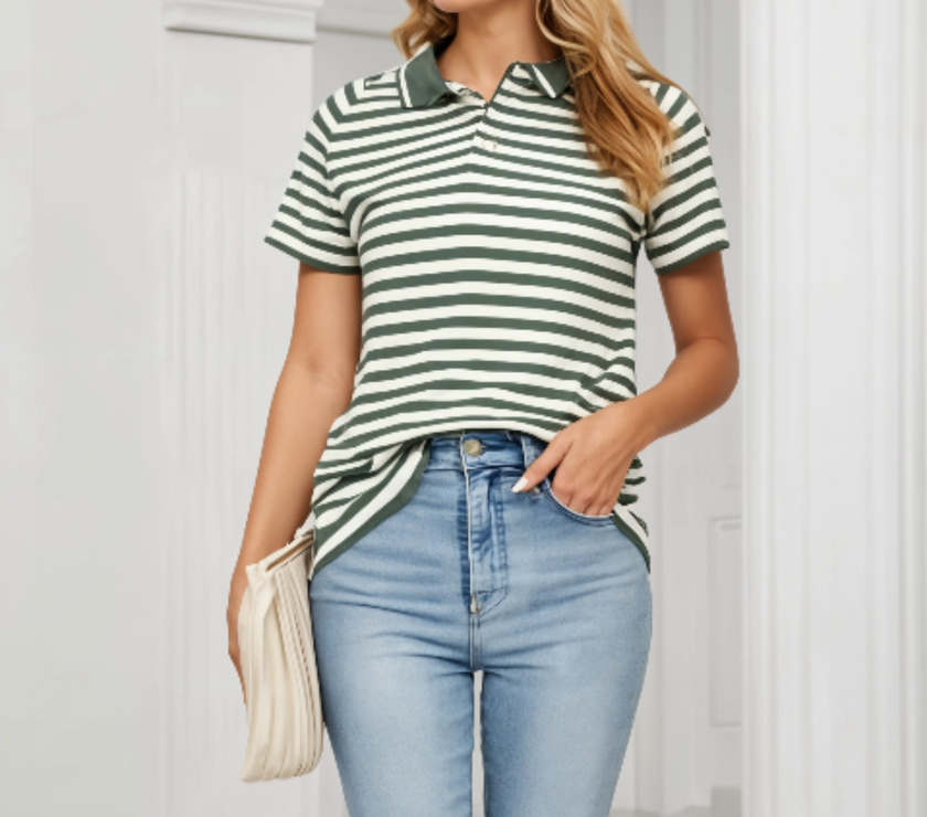 Mack Jonney Women's Striped Cotton Rich Polo T Shirt | Collar Tshirts | Half Sleeves | Stripe-Regular Fit