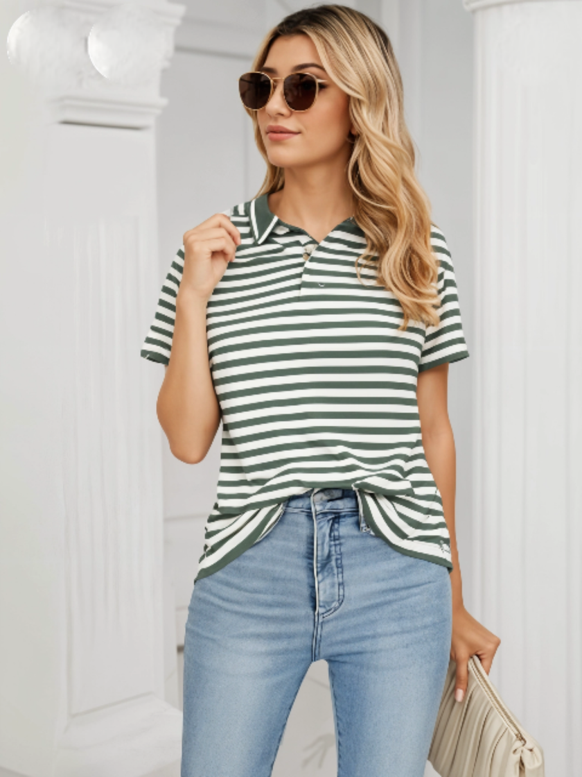 Mack Jonney Women's Striped Cotton Rich Polo T Shirt | Collar Tshirts | Half Sleeves | Stripe-Regular Fit