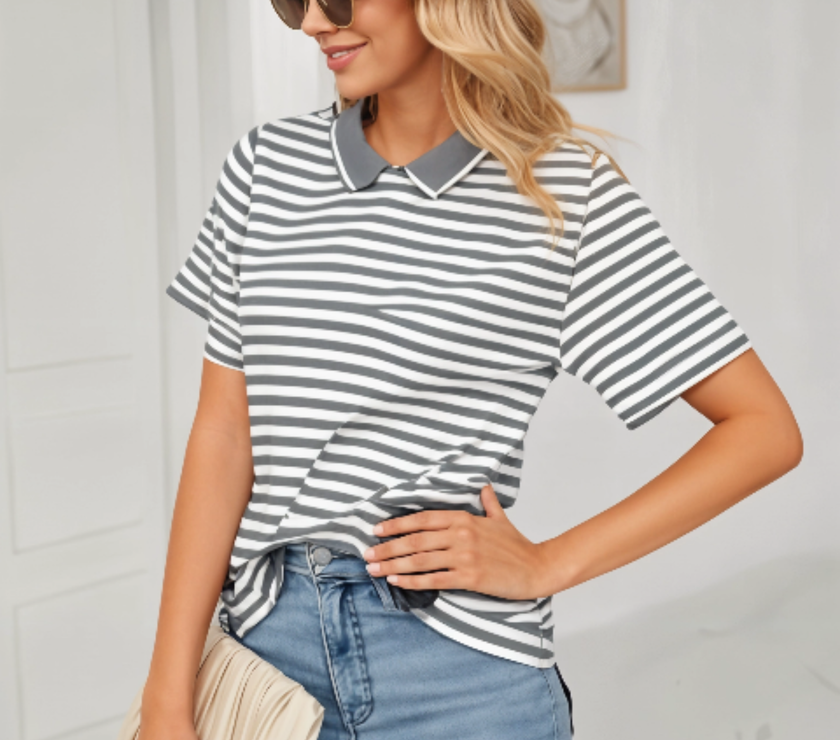 Mack Jonney Women's Striped Cotton Rich Polo T Shirt | Collar Tshirts | Half Sleeves | Stripe-Regular Fit